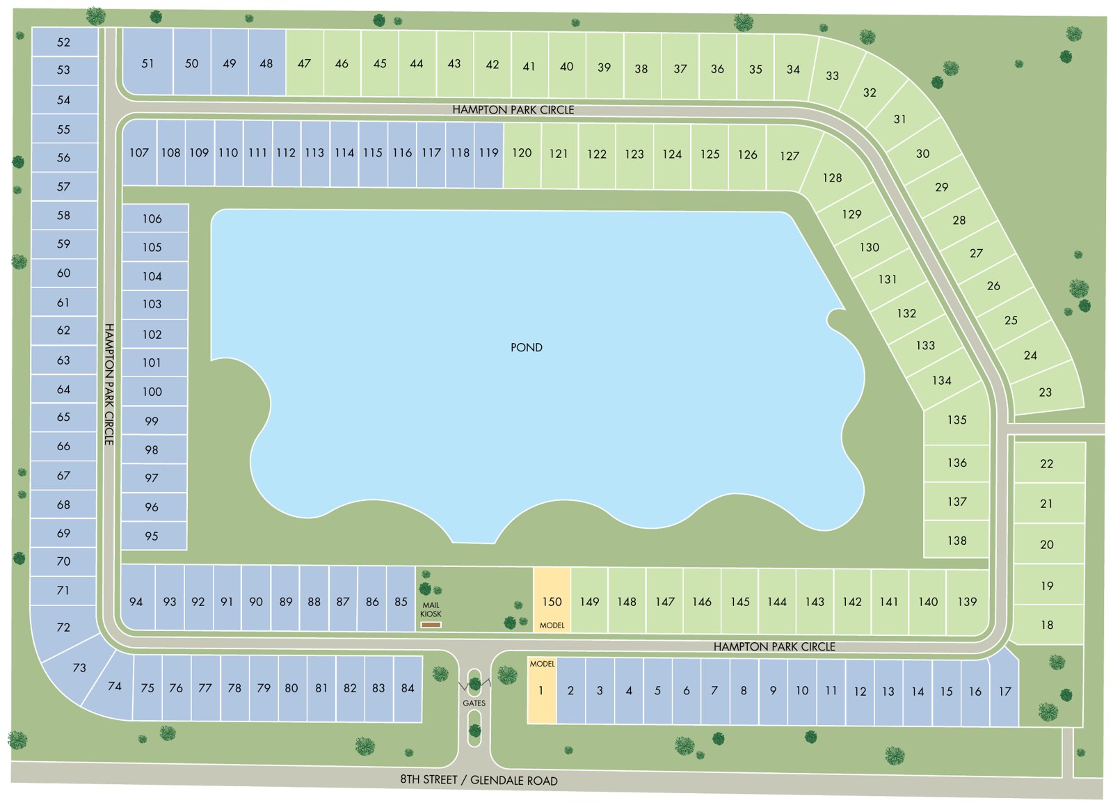 Meritage Homes site plan of Hampton Park: lots ringing a central pond, the gated entrance on 8th Street, with Lot 137 marked as 5680 Hampton Park Circle on the east side of the pond