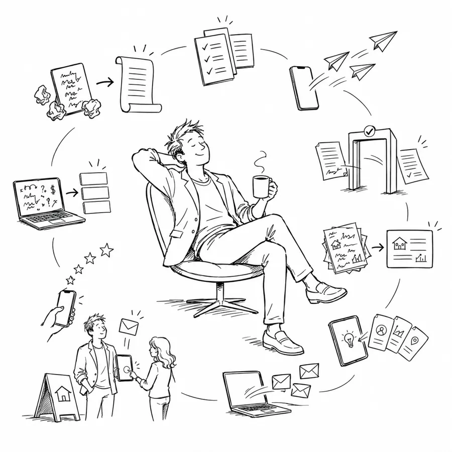 Ink illustration for Lazy Buyer Math: an agent at ease in a chair, surrounded by the steps of a sale.
