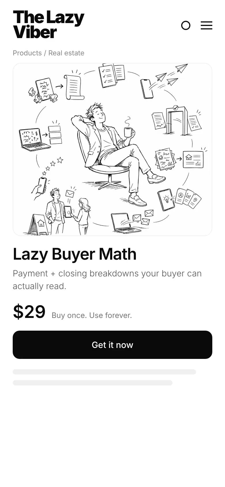 The Lazy Buyer Math product page on a phone.